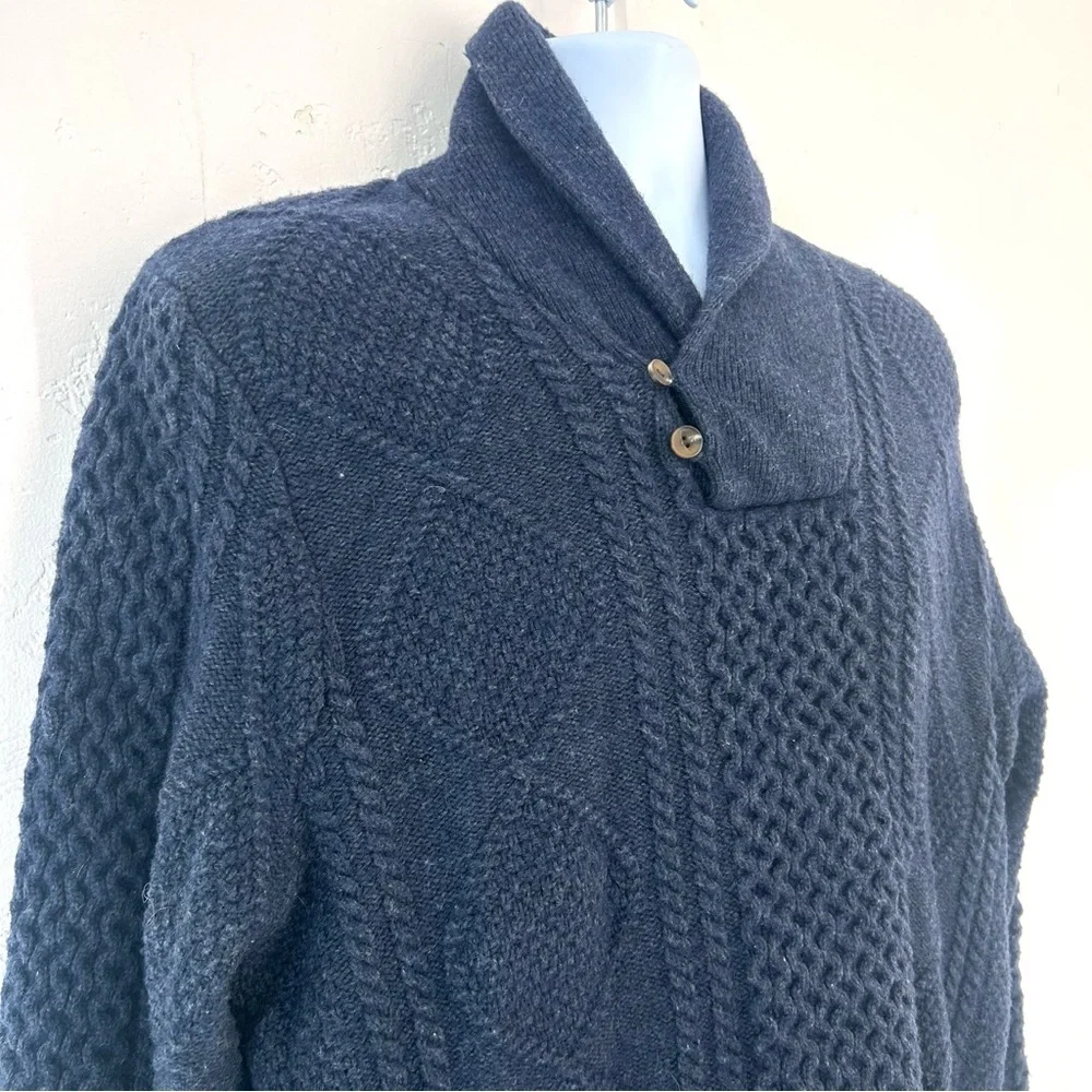 Nordstrom Lambswool Wool Fisherman Sweater Men L Blue Knit Shawl Collar